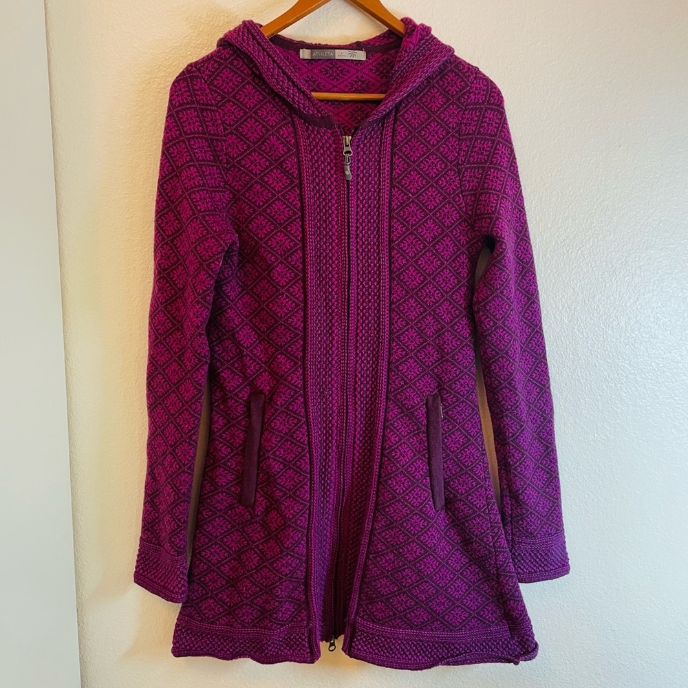 Athleta Spooner Summit Fair Isle Wool Zip Up Hooded Jacket Sweater Womens Size S - Picture 1 of 10